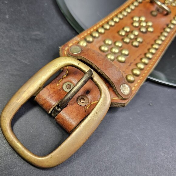 Vintage XL Dog Collar 20 To 24 Inch Adjustable Brass Buckle & Studs Leather - Picture 2 of 16